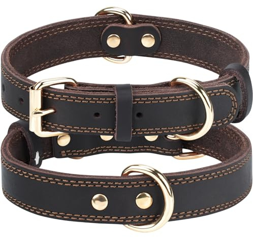 Joytale hundhalsband i äkta läder med QR-ID-etikett, slitstarkt hundhalsband med metallspänne, mjuka och hållbara läderhalsband justerbara för extra små hundar, brun, XS