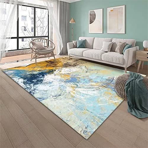RUGMRZ Waschbarer Teppich Wohnzimmer Webteppich Wohnzimmerzubehör blau gelb mit dekorativem Schlafzimmerteppich verschleißfest Teppich Dunkel 80X200CM