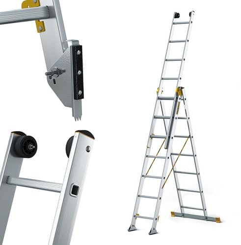 DRABEST - MAX Aluminium Profi Leiter - 3 x 13 Stufen - rutschfeste Sprossen - 9,37 m lang - bis 150 kg - 3-teilig - für Baustelle - Mehrzweck-, Steh-, Auszieh-, Klapp-, Treppenleiter - Verstellbar