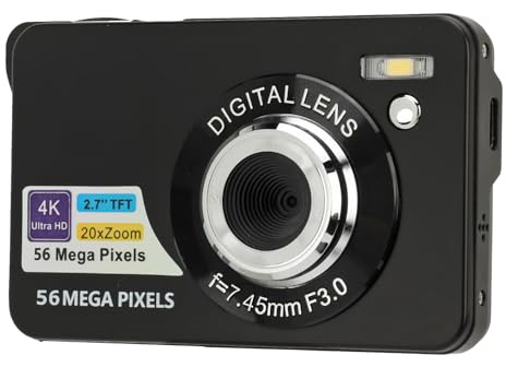 Digitalkamera, FHD 4K 56 MP, Kompakte Cmaera mit 20-fachem Zoom, Autofokus, Anti-Shake, Wasserdicht, Point-and-Shoot-Digitalkameras für Fotografie, Vlogging, Teenager, (Black)
