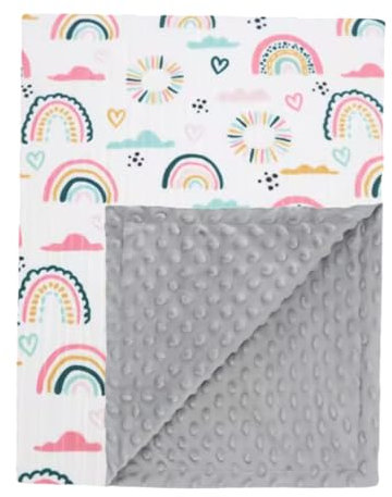 Ahoiikids Babydecke 75x100 cm - Weiche Kuschel- und Krabbeldecke aus Minky Dots Polar Fleece mit Baumwollfüllung, Regenbogen Design, Grau - Hochwertige Babydecke für Neugeborene und Kleinkinder