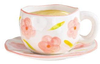 Nivofu Handbemalte Keramik-Kaffeetasse, Niedliche Blumen-Tasse, Keramik-Kaffeetasse mit Untertasse, Unregelmäßige Latte-Kunst-Tasse, Tee-Milch-Tassen, für Frauen, Mädchen, Mutter - 300ml (Weiß)