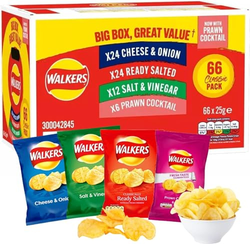 Giant Crisps Multipack Snack Box - Pack of 66 x 25g Assorted Classic Walkers Crisps Bulk Buy Multipack Crisps Potato Snacks with Handcrafted One Random Birthday card with envelop