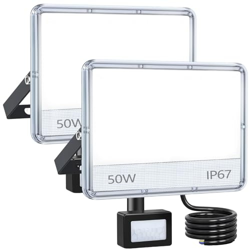 Foco LED Exterior con Sensor de Movimiento 50W 5000LM Luz Fría 6500K | 2pcs Regulable Tiempo/Sensibilidad/Lux – IP67 Impermeable para Jardín Patio Terraza Garaje Entrada Pasillo