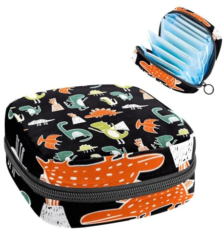 Aufbewahrungstasche für Damenbinden, Menstruationstasse, Tamponbeutel, Periodeneinlagen-Halter, Organizer für Frauen und Mädchen, niedliches Dinosaurier-Muster, schwarzer Hintergrund