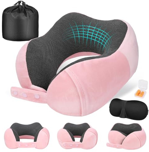 Cirorld Travel Pillow for Airplane, Neck Pillow for Travel, Memory Foam Travel Neck Pillow for Adults, Adjustable & Compact Flight Pillow, Ergonomic Neck Cushion, With Ear Plugs, Eye Mask, Carry Bag