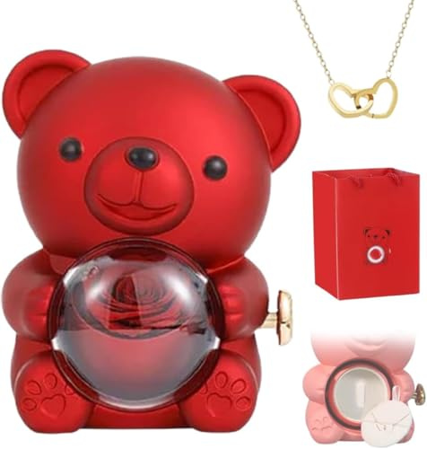 Eunmsi Collana con Cuore Inciso con Scatola Regalo Orso Rosa Vera, Regali Orso Abbraccio Rosa Conservata per Donne, Set Regali Rosa Conservata, Scatola Portagioie Orso Ribaltabile Fiori Rosa Eterna
