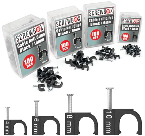 SCREWBOX® Cable Clips, 400 Pcs Durable Black Wire Clips -4/6/8/10mm, Round Nail Clips, 4 Sizes (4mm, 6mm, 8mm, 10mm), Cable Tacks Wire Tidy Clips, Electrical Cable Management Clips