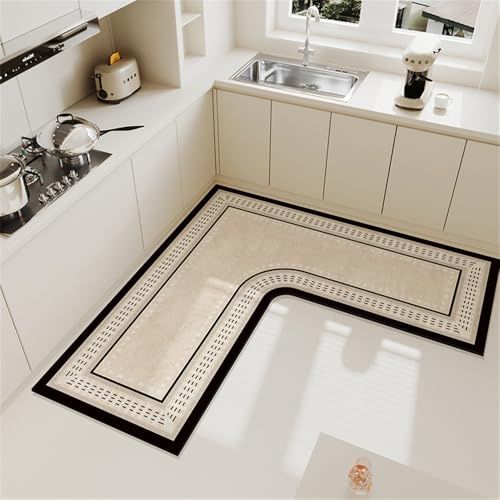 Hixingo Tapis de cuisine antidérapant et lavable, absorbant en forme de L, à séchage rapide, pour couloir, salle de bain, buanderie, évier (100 x 45 cm, géométrique)
