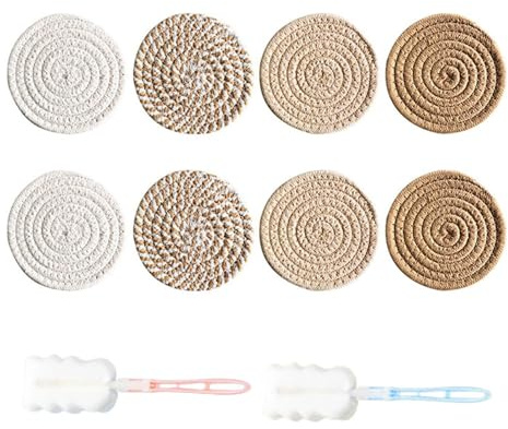 CWPFVQA 8 Sous-Verres En Lin Et 2 Brosses À Tasses, Style Bohème Et Simple, Décoration De Table, Brosse De Nettoyage Amovible, Éponge, Lavage À La Main Seule, 10 Pièces