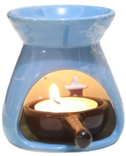Warmself Aromalampe Teelichthalter aus Bunte Mini Keramik Duftlampe aus Keramik Wachsschmelzbrenner Minimalistisches Design Sterne und Mond Blau