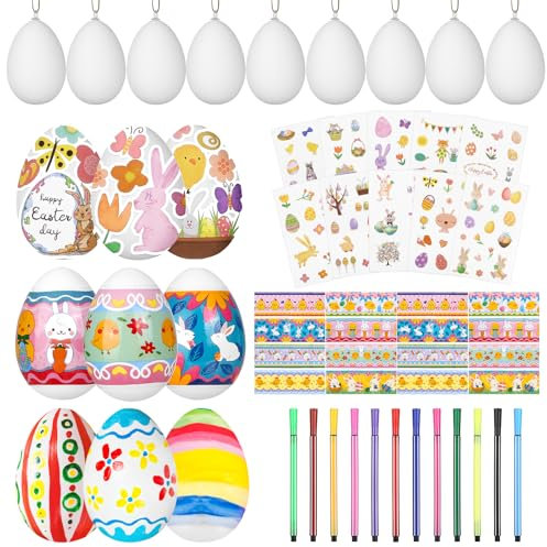 LIHAO 12 Stück Ostereier zum Bemalen Weiß Eier mit Schrumpffolie Ostern Deko Ostereierfarbe Diy Basteln Aufhängen Osterdeko Stifte Sticker Ostereierfarbe