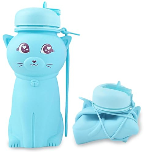 Bouteille d'eau en forme de chat pour filles – Bleu – Silicone souple sans BPA – En forme de chat – Tasse de sport pliable en silicone pour enfants pour l'école