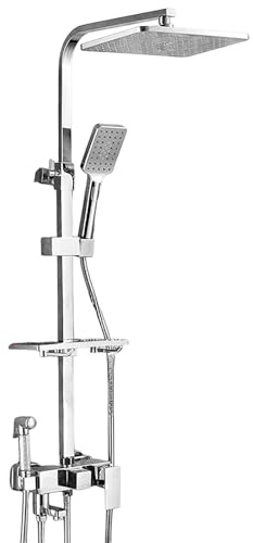 Thermostatische Duscharmatur Mit HöHenverstellbarem Duschsystem – 3/4 Wasserauslaufmodi, Inkl. Duschkopf, Halterung & Stauraumregalen FüR Bad-Accessoires (4-Stufen Silbrig)