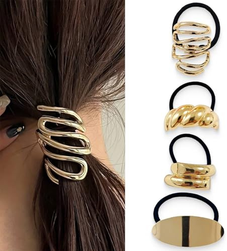 Gyllene hårsnodd armband, hårsnodd guld, elastiska hårband, 4 stycken, flickor, i geometrisk stil, elastiska, för flickor och kvinnor