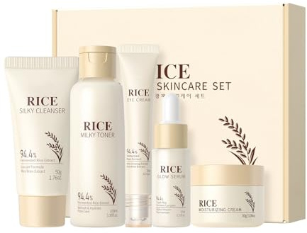 5PCS Rice Skin Care Sets & Kits, Korean Skincare Set- Cleanser, Toner, Serum, Eye Cream & Moisturizer, Christmas Birthday Gifts for Women Teenage Girls Mom Friend, Travel Skincare Set