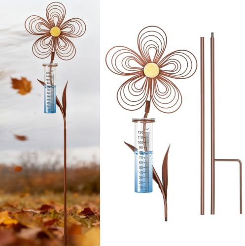 JAZUIHA Regenmesser frostsicher 110 cm, Dekorativer Niederschlagsmesser für Garten zur Messung der Regenmenge, Winterfest Blumen Gartendeko in Rostoptik mit Erdspieß
