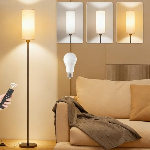 PULUOMIS Floor Lamp, Floor Lamps for Living Room, Standing Lamp with LED Bulb, Standard Tall Lamps with Remote and 3 Colour Temperature, Black