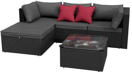 XMTECH 5-teiliges Polyrattan Lounge-Set für Balkon & Garten – inkl. Sofa, Ecksofa, Hocker & Tisch, mit Kissen – wetterfest, modular, modern in Anthrazit