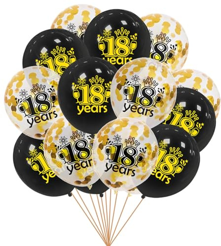 Gleemix Luftballons 18.Geburtstag Deko, 16 Stück Schwarz Gold Konfetti Ballons, 12 Zoll Latex Ballon 18. Geburtstag, für Männer Frauen Jubiläum Geburtstags Party