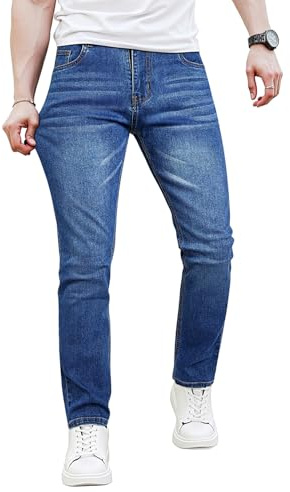 Heyfanee Jeans Homme Slim Tapered Jean Homme Skinny Stretch Denim Pants Bleu Foncé 32/30