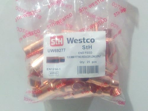 Westco 15mm x 8mm Copper Fitting Reducer Long EF6LT x25 End Feed Connector | 15mm x 8mm Copper Reducer | Long End Feed Fitting | Pack of 25 Plumbing Connectors