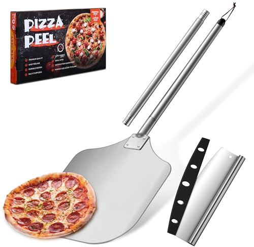 Pizza Peel Aluminum Pizzas Spatula (12 Inch), Joyfair Long Handles Metal Pizza Paddle with Cutter Rocker Pizza Oven Accessories Turning Tool Kit, Extent length 38.5” to 49”, (SS Handle)