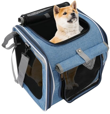 Hundetransportbox, Hundekorb Fahrrad vorne mit Netzfenstern, 4-Türiger Haustier-Reisetasche Hunderucksack, 36 x 25 x 36 cm, Blau