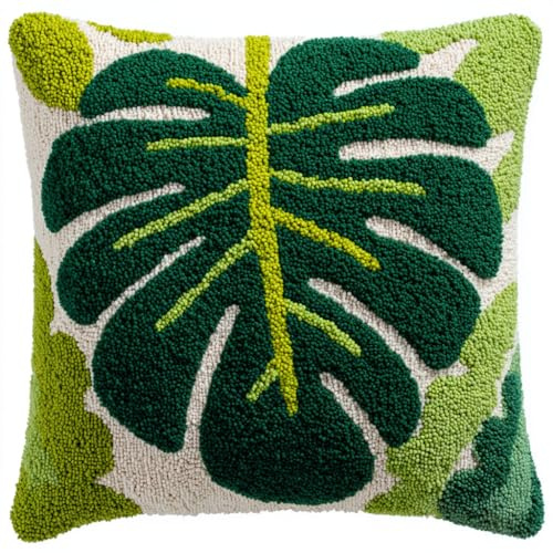 Henypt Kit Point Noué Coussin, Feuilles vertes Crochet de Verrouillage Kits de Coussins avec Crochet, Tapis Point Noué à Faire, 43x43cm