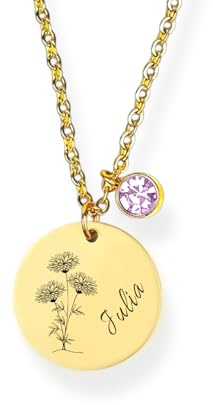 Golden Paw Personalisierte Geburtsblume Halskette mit Geburtsstein & Gravur Rückseite | Geschenk Damen, Taufe, Mädchen, Kind, Oma zum Geburtstag & Weihnachten | 45 + 5 cm verstellbar Edelstahl