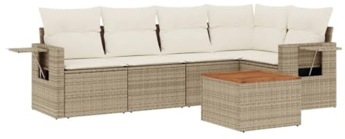 Runheo 6-TLG. Garten-Sofagarnitur Beige aus Poly Rattan mit Kissen, modulares Outdoor Loungeset, UV-beständig, wetterfest für Terrasse, Balkon, Gartenmöbel