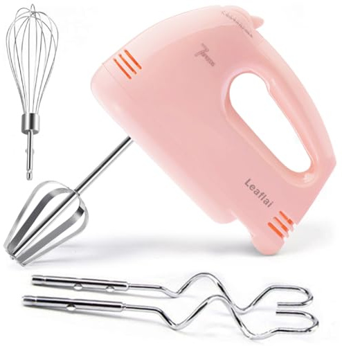 Leaflai Elektrischer Handmixer 7 Stufiger 300W, Rosa | 5 Edelstahl-Aufsätze Turbo-Boost/Selbststeuerung der Geschwindigkeit+Auswurftaste Lebensmittelmixer für Kuchen Eier