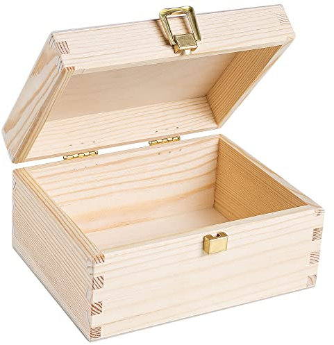 Creative Deco Kleine Holzkiste mit Deckel und Schloss | 21,5 x 13,8 x 10 cm | Klein Holzbox Holzschachtel Geschenkbox Schatztruhe Schatzkiste Unlackiert Kasten | Für Geschenk, Hochzeit, Schmuck