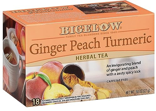 Bigelow Tea Ginger Peach Turmeric Herbal Tea, Caffeine Free Tea with Ginger and Peach, 18 Count Box (Pack of 6), 108 Total Tea Bags