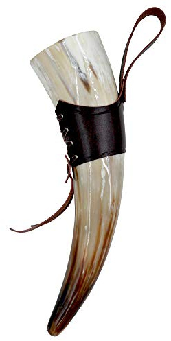 HONGLAYS Viking Horn Mugs-Handmade Home Real Viking Drinking Cup with Leather Straps Beer Wine Goblet Chalice Tankard Ox Horn Beaker Vessels (With Leather Straps)