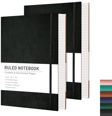 2er Pack Notizbuch B5 Liniert Softcover, RETTACY großes Tagebuch mit PU Leder, 100 g/m² Dickes Papier, 408 Nummerierten Seiten, Haftnotizen, 19 x 25 cm(schwarz, schwarz)