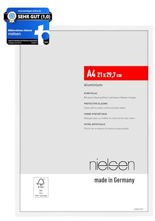 nielsen cadre photo, 21 x 29,7 cm (A4), aluminium, Blanc mat, cadre documentpour accrocherau format paysage et portrait, verre synthétique, Atlanta