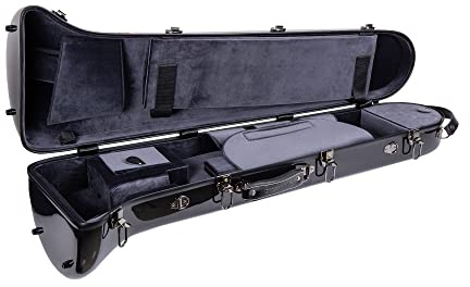 Crossrock Fiberglass Trombone Case for F-Trigger or Straight Bb | Black Gloss Finish, Modular Interior, Backpack Straps – TSA Lockable Hardshell (CRF1020TBBK)