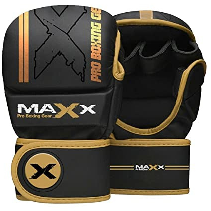 MAXX MMA Hybrid Sparring Gloves, Maya Hide Leather, Padded Mitts Martial Arts Kickboxing Muay Thai Training Cage, Men Adult, Punching Bag and Pads workout (S, Black/Gold)