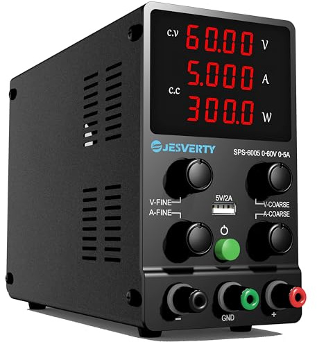 DC Power Supply Variable, 60V 5A Adjustable Switching Regulated DC Bench Power Supply with High Precision 4-Digits LED Display, 5V/2A USB Port, Coarse and Fine Adjustments Jesverty SPS-6005