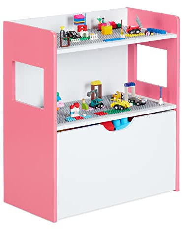 Relaxdays Kinderregal mit Bauplatten, Aufbewahrungsbox mit Rollen, HxBxT: 60 x 52 x 26,5 cm, Spielzeugregal, MDF, bunt