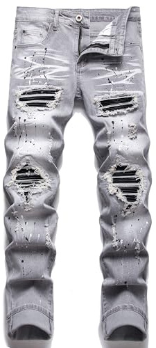 AITITIA Men's Ripped Regular Fit Stretch Jeans (34, 6620 Grey)