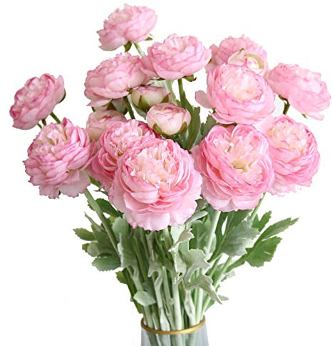 Htmeing 6-teiliges künstliches Ranunkelblumen-Set mit echt anfühlendem Stiel Seiden Ranunkelblumen für Haushaltsarrangement (Rosa Lila)