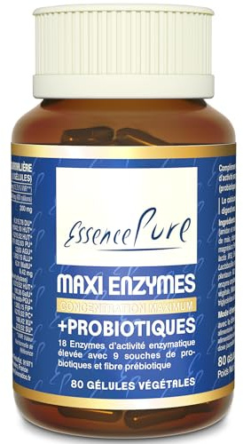 Enzymes Digestives, Essence Pure, 80 Gélules | Formule de18 Enzymes Digestives, Probiotiques, Prébiotiques et Lactase, Microbiote, Digestion et Équilibre Intestinal