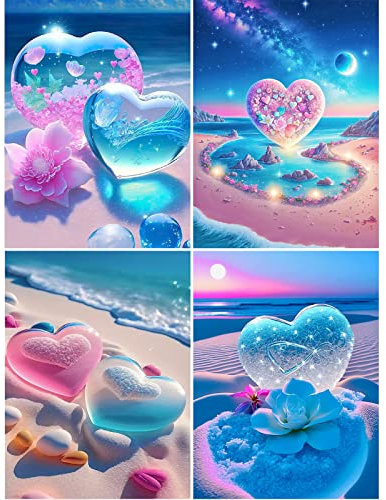 Diamond Painting, 4 Stück 5D Diamant Painting Bilder Herz Blumen Diamont Painting Erwachsene Full DIY Diamant Kunst Malerei Stickerei Set Strand Kristall Liebe für Home Wand Dekor