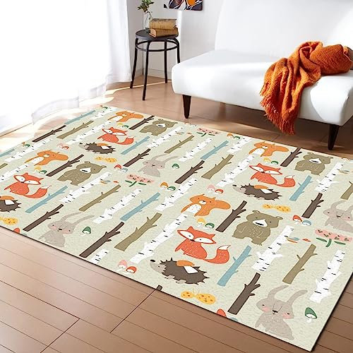 TEMLAN Cartoon-Waldtierbaum Teppiche Gegend, Fuchs, Bär, Kaninchen, Elch Kinderteppich für Drinnen und Draußen Terrasse Balkon Garten Wohnzimmer 80 x 150cm