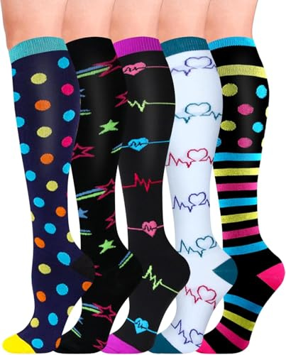 HIPOWER 5Paar Kompressionsstrümpfe Damen Herren Sport Stützkniestrümpfe | Bunte Stützstrümpfe, Reisestrümpfe Compression Sock Für Flug Radsport Reisen Sport Alltag