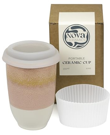 NOVA CERAMICS Travel Mug - Travel Coffee Mug – Iced Coffee Cup Unique to Go – Microwave & Dishwasher Safe Coffee Pink Tumbler - Gifts for Women Men Him Her – 12oz – Afterglow