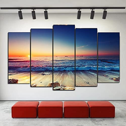 Leinwand Wandkunst, 5 Stück Meerblick Bei Sonnenuntergang Mit Rahmen 150 X 100 Cm Malerei Hd Poster Ölgemälde Kunst Auf Leinwand Wandbilder For Wohnzimmer Esszimmer Hauptdekoration Leinwand Gemälde