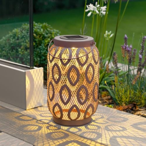 Festive Lights - 26cm Solar Power Blush Pink Metal Lantern with Colour Changing, Warm & Cool White LEDs - IP44 Rated Outdoor Light - Hanging or Table Use, Integrated Panel, Automatic Dusk Sensor